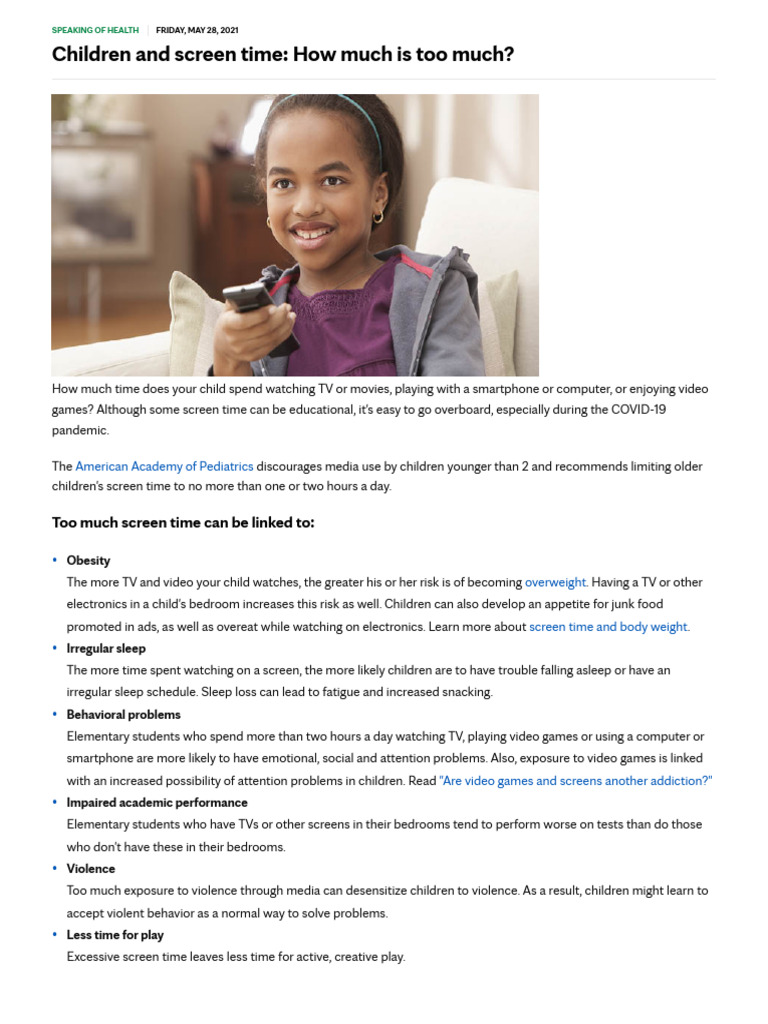 Children and Too Much Screen Time - Mayo Clinic Health System | PDF