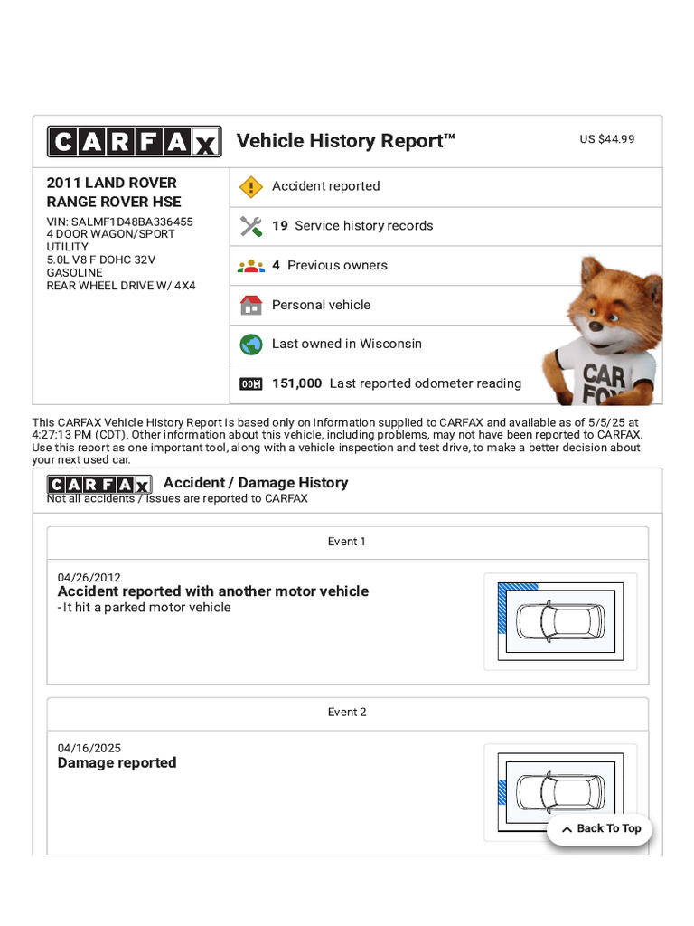 CARFAX Vehicle History Report For This 2011 LAND ROVER RANGE ROVER HSE ...