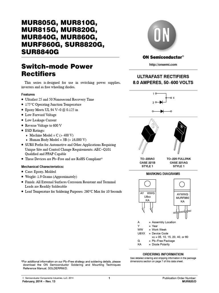 Mur860 - D 2316447 Onsemi | PDF | Diode | Rectifier