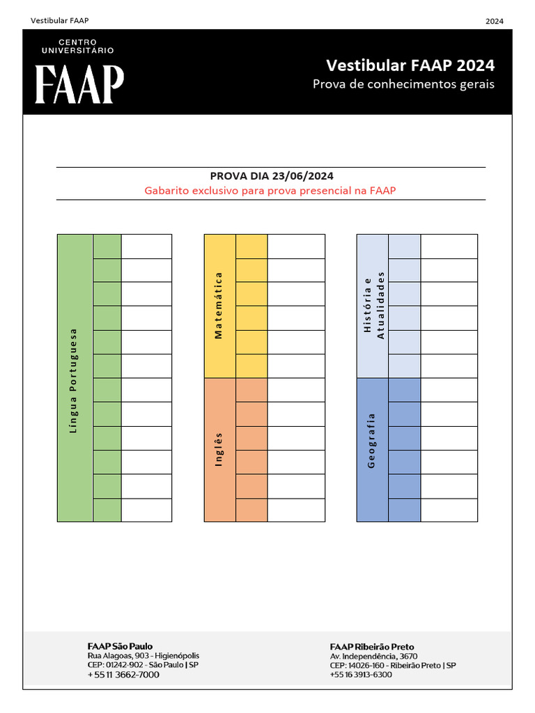 Gabarito Vestibular FAAP 2024 | PDF