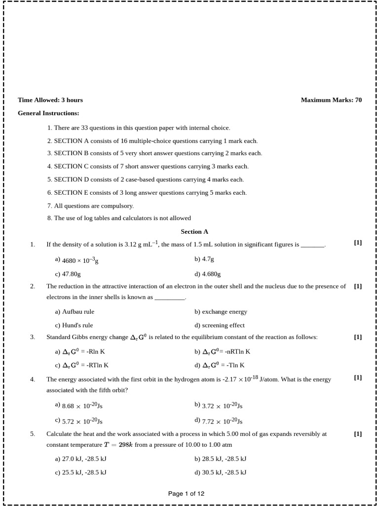 Class XI Chemistry Final Exam Paper | PDF | Chemical Reactions ...