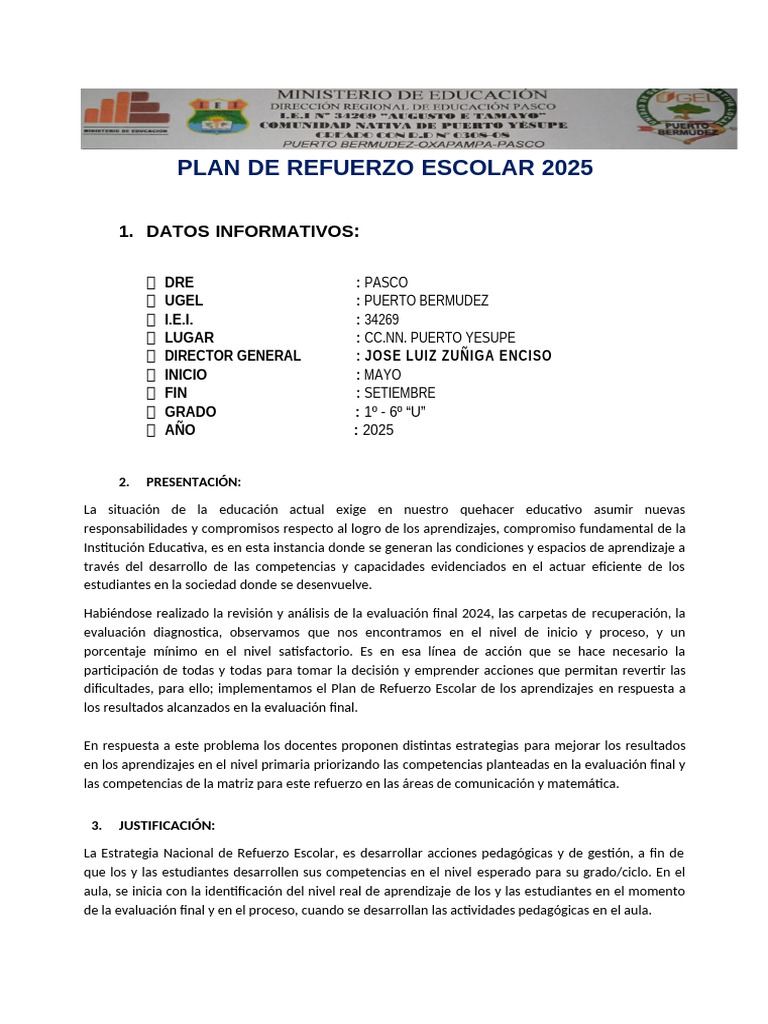 Plan de Refuerzo Escolar 2025 | PDF | Evaluación | Educación primaria