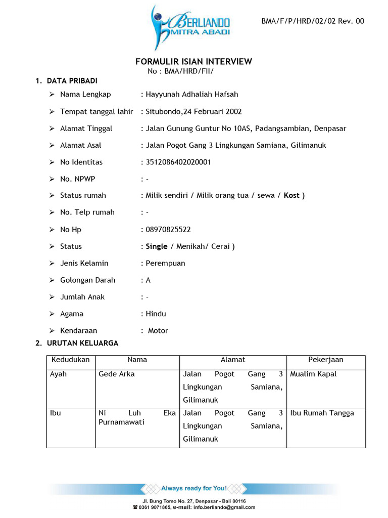 Formulir Interview Hayyunah Hafsah | PDF