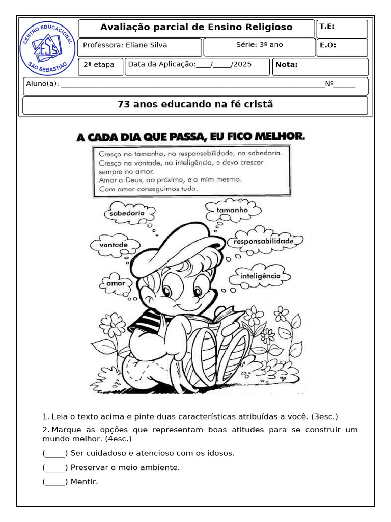 Avaliação de Ensino Religioso 3º Ano | PDF