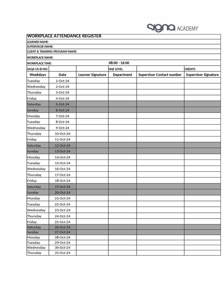 Workplace Attendance Register Template | PDF