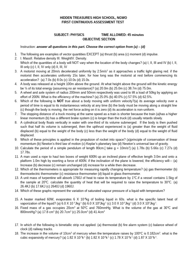 Physics Assessment Test for High School | PDF | Force | Acceleration