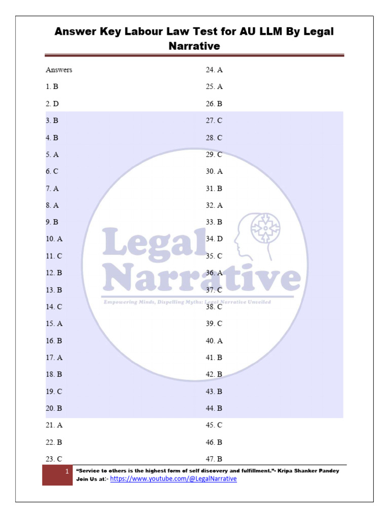 Answer Key Labour Law Test For AU LLM Entrance by Legal Narrative | PDF