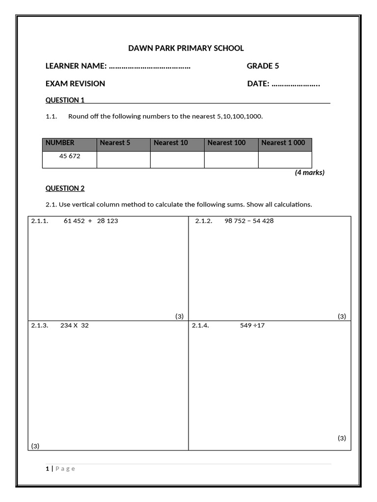 JUNE EXAM 2025 (Grade 5 Revision) | PDF | Applied Mathematics