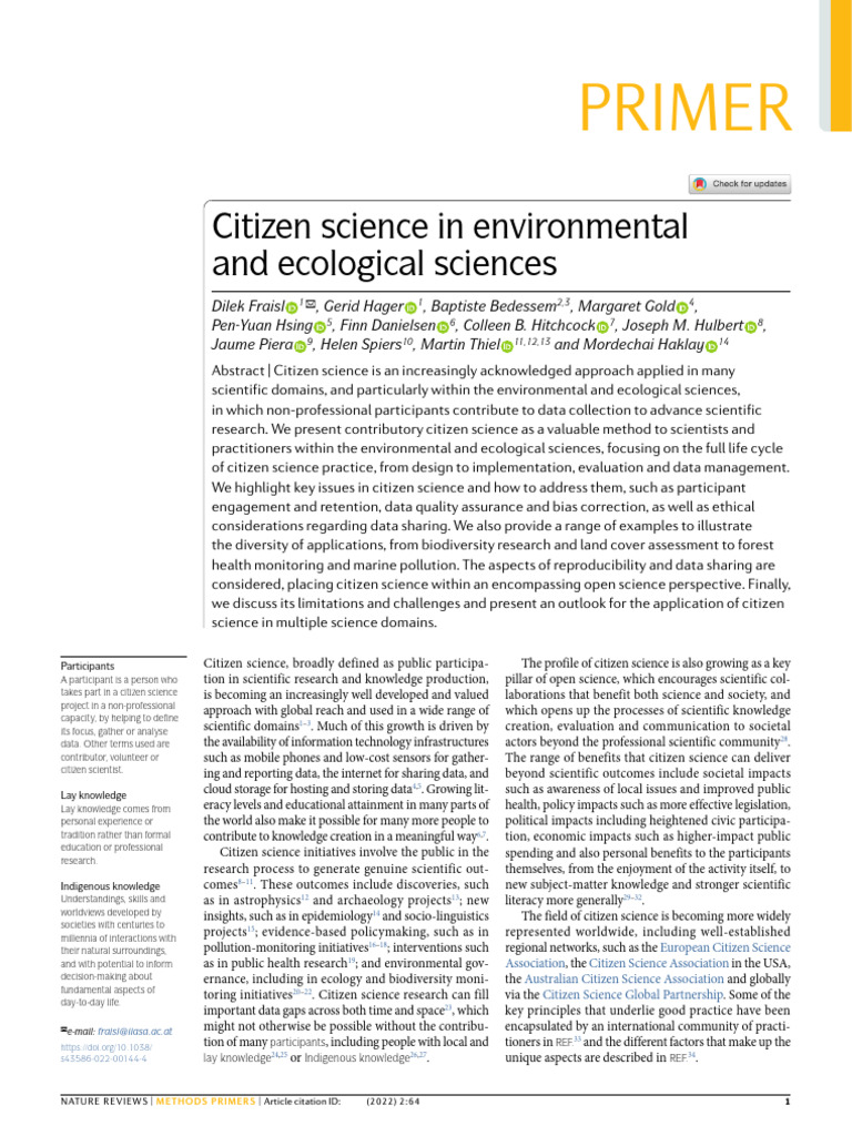 Citizen Science in Environmental and Ecological Sciences | PDF ...