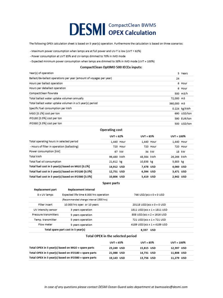 OPEX Calculation For CompactClean OptIMO 500 IECEx | PDF