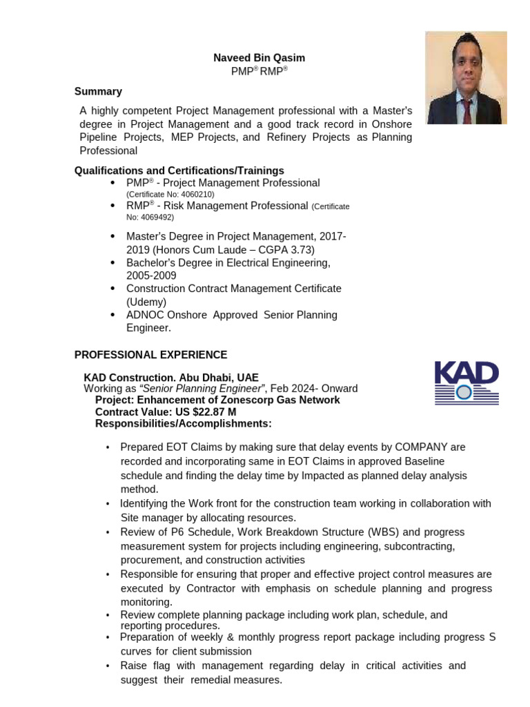 Senior Planning Engineer Profile | PDF | Project Management