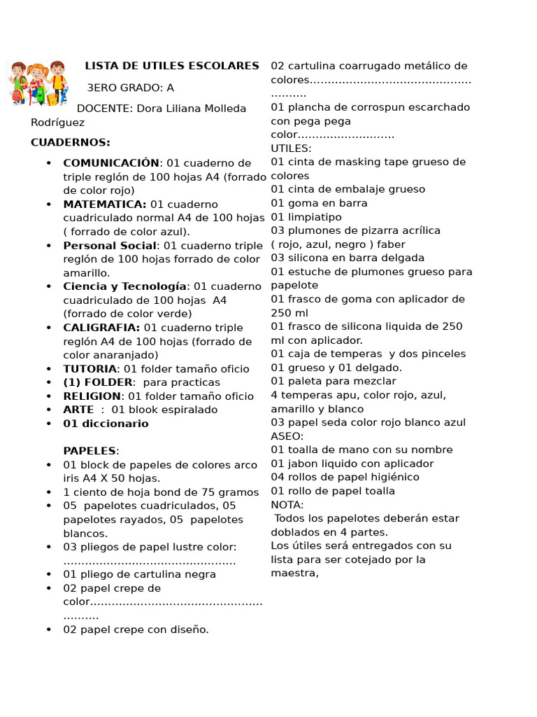Lista de Utiles Escolares 3a | PDF | Cuaderno | Papel