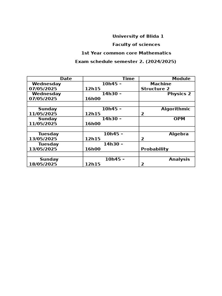 Exam Schedule Semester 2 | PDF