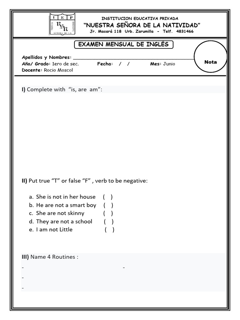 Examen 1ero de Sec Ingles. | PDF