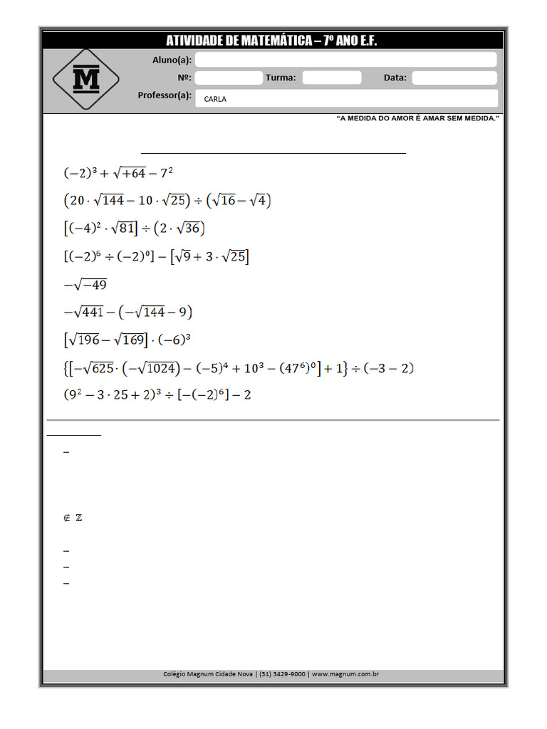 Exercícios de Expressões Numéricas 7º Ano | PDF