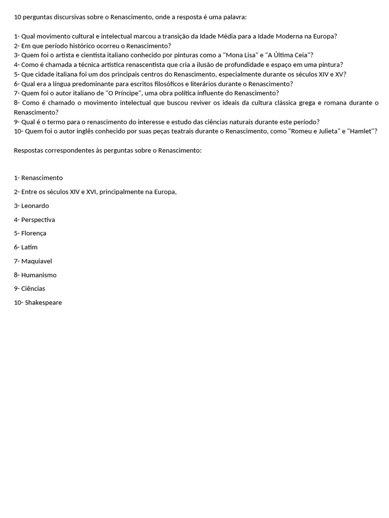 Perguntas Discursivas sobre o Renascimento | PDF