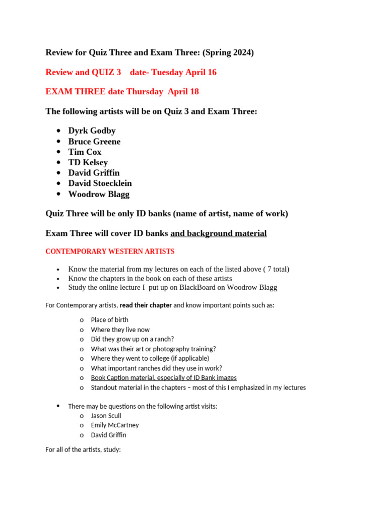 REview For Quiz Three and Exam Three 2024 | PDF