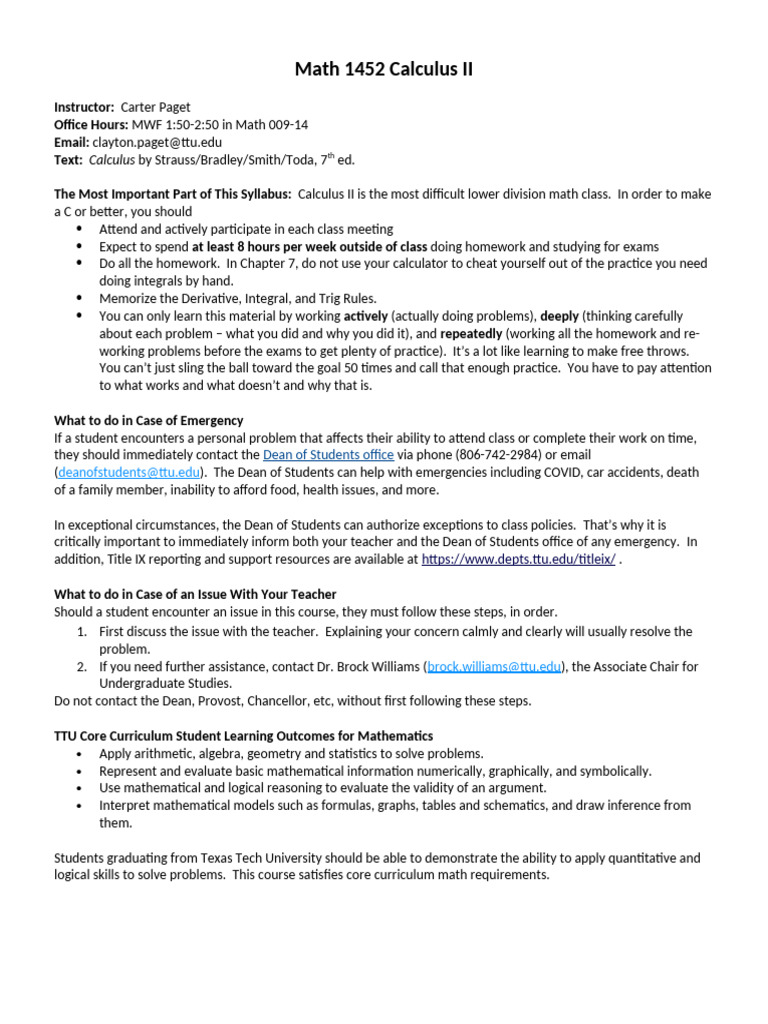 Calculus II Syllabus Overview | PDF | Mathematics | Academic Dishonesty