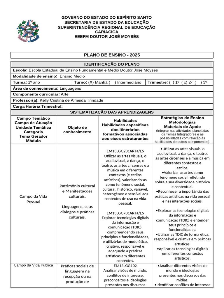 Plano de Ensino 2025 - Arte e Linguagens | PDF | Comunicação | Mídia de ...