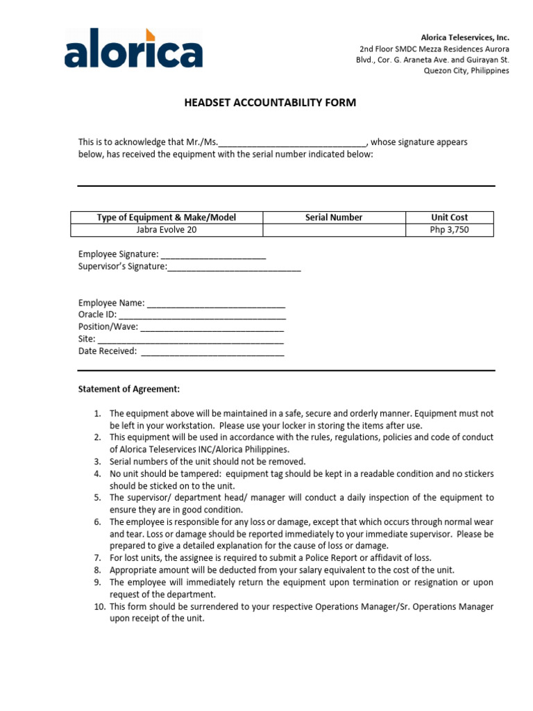 Headset Accountability Agreement Form | PDF | Business