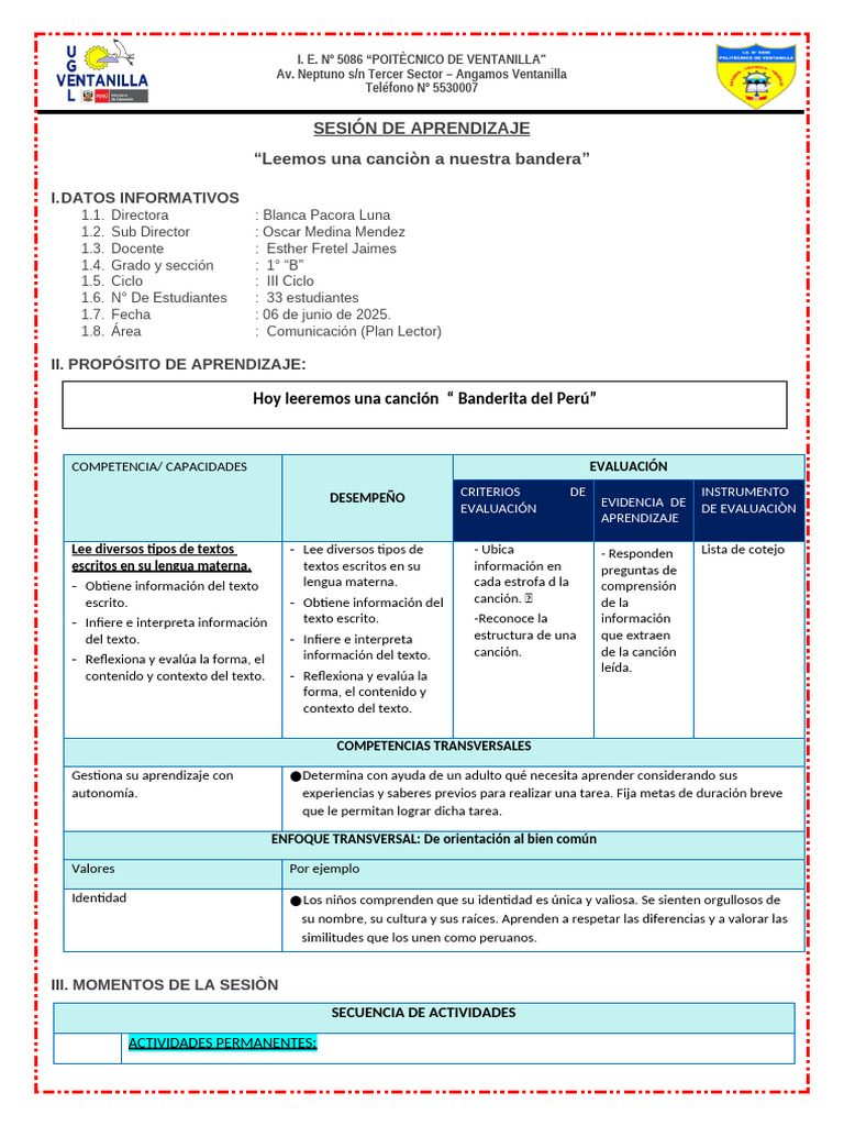 Sesion de Plan Lector 06 de Junio Leen Un Poema A La Bandera | PDF ...