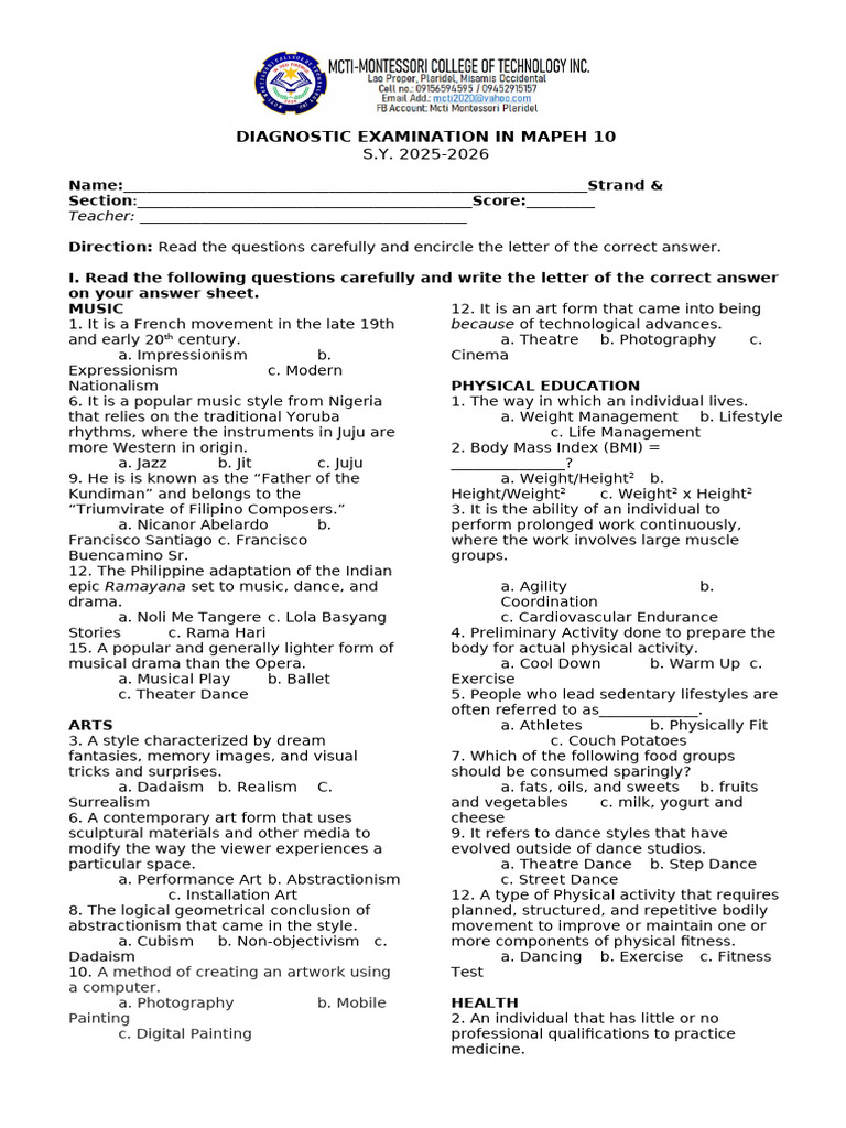 MAPEH 10 Diagnostic Exam 2025-2026 | PDF
