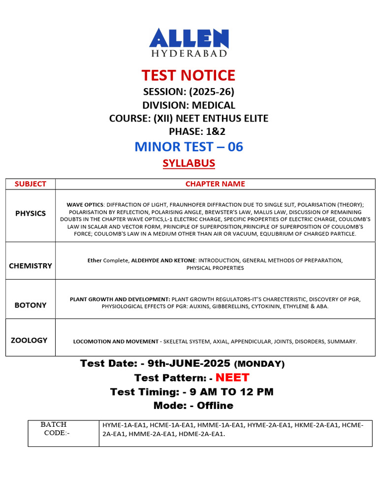 9th June, Medical Enthus Elite Test Notice. | PDF