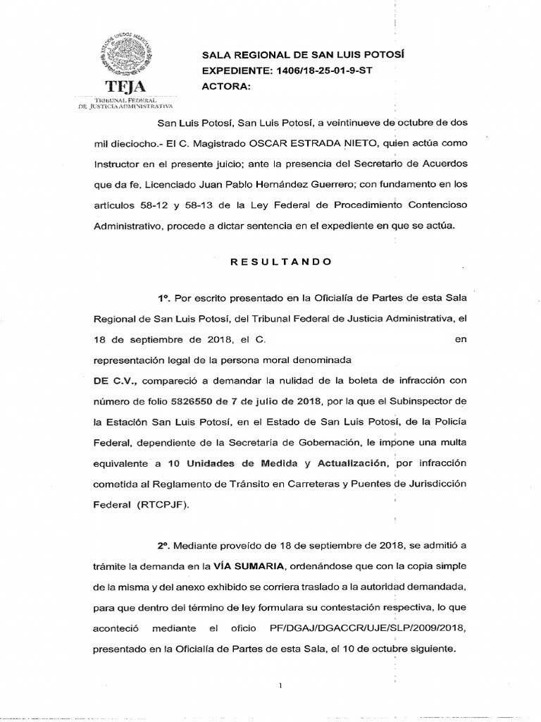 Sentencia - Nulidad Lisa y Llana - Multa Policía Federal | PDF
