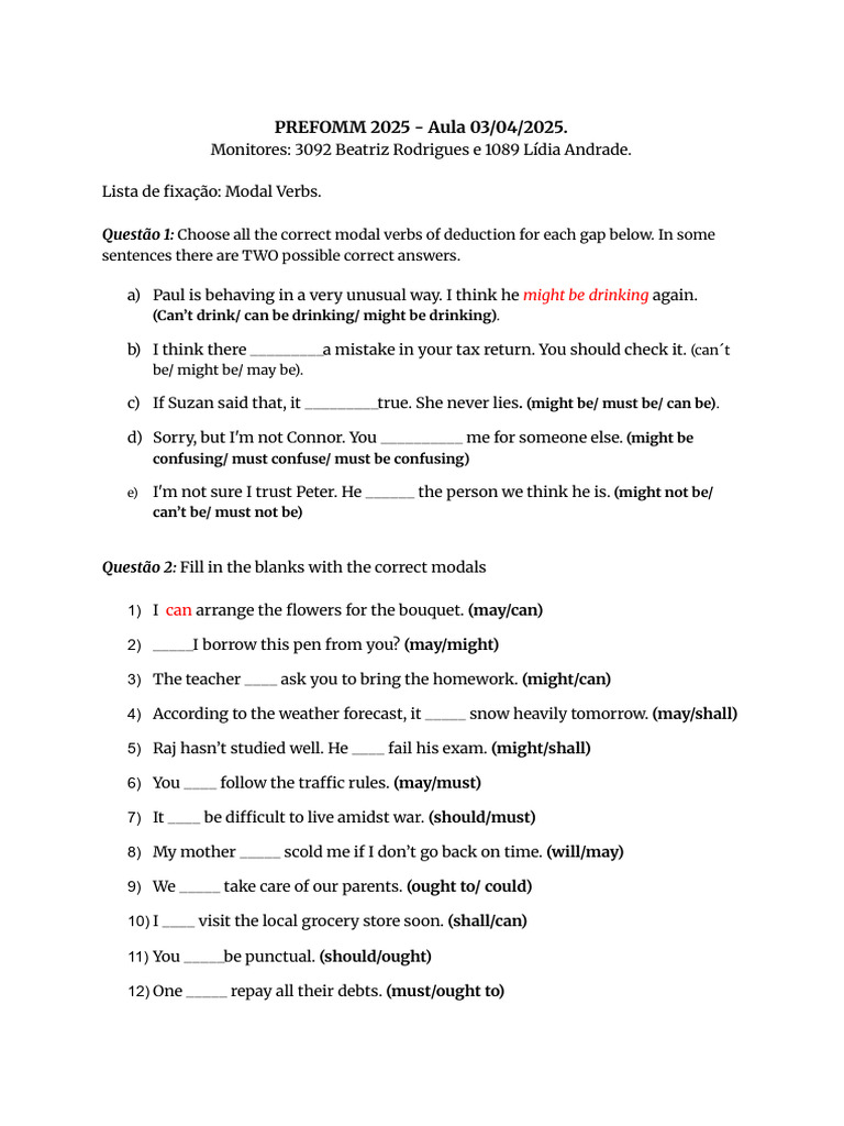 Modal Verbs Practice Exercises | PDF | Linguistic Typology | Syntax
