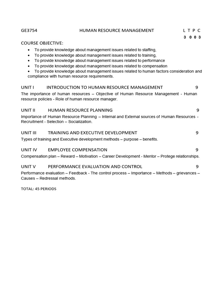 GE3754 Human Resource Management Syllabus | PDF | Human Resource ...