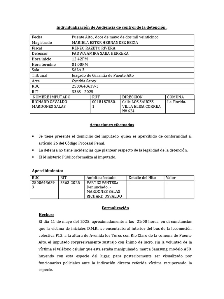 Individualización de Audiencia de Control de La Detención. | PDF ...