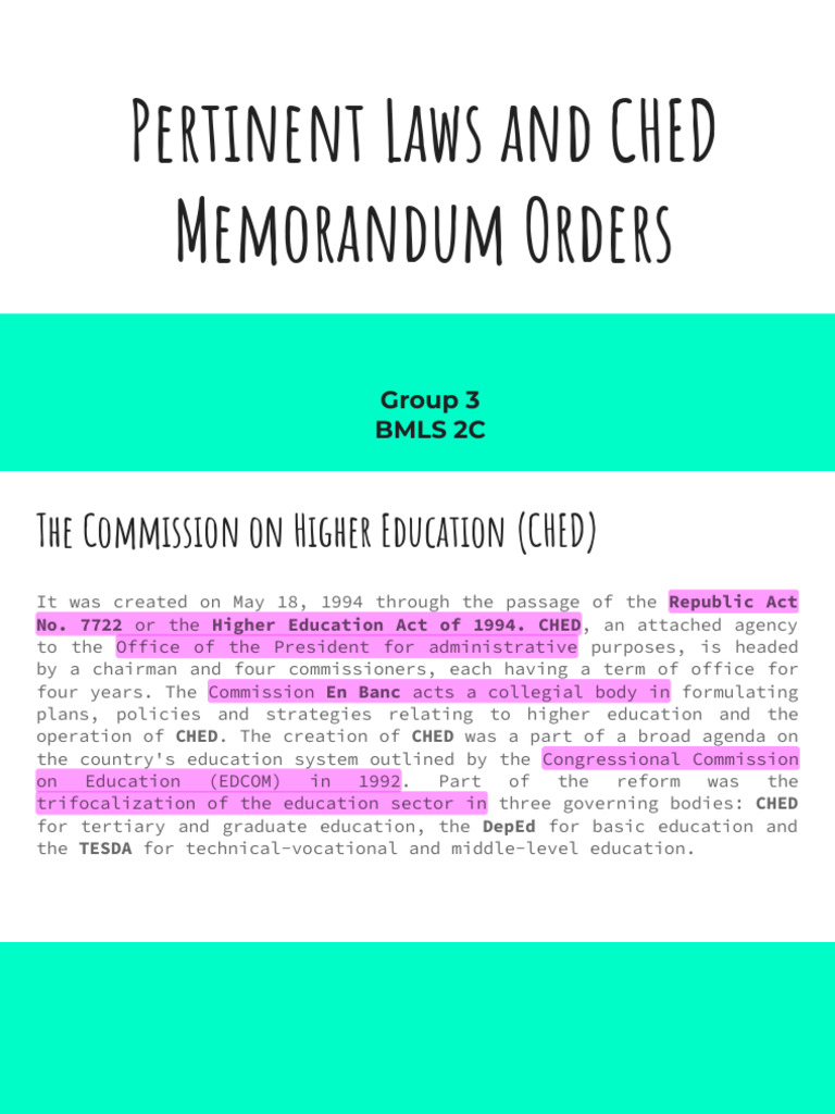 Pertinent Laws and CHED Memorandum Orders: Group 3 Bmls 2C | PDF ...