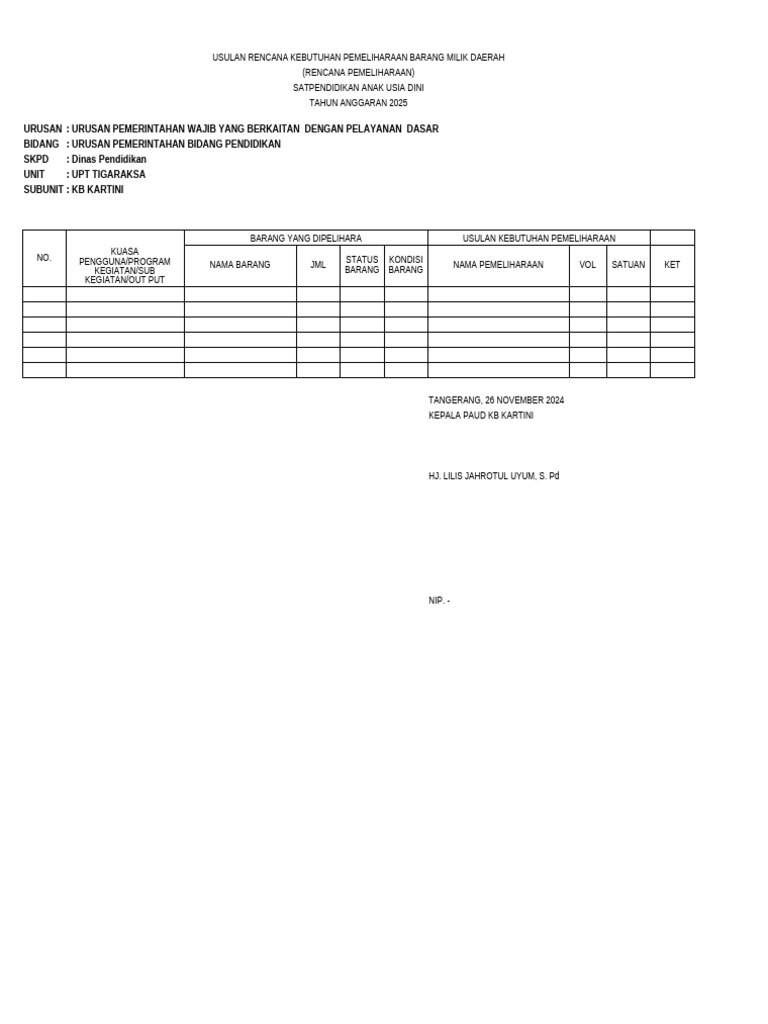 Form. RKBMD - RKPBMD Unit Kerja | PDF