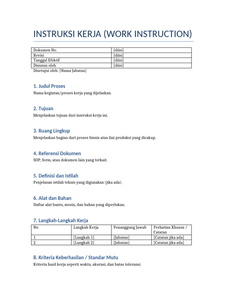Contoh Format Instruksi Kerja ISO 9001 | PDF