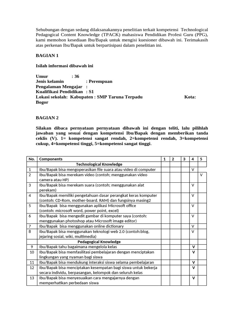 Kuesioner TPACK untuk PPG 2023 | PDF