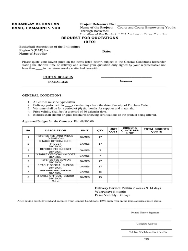 Request for Quotations: Basketball Fees | PDF | Business