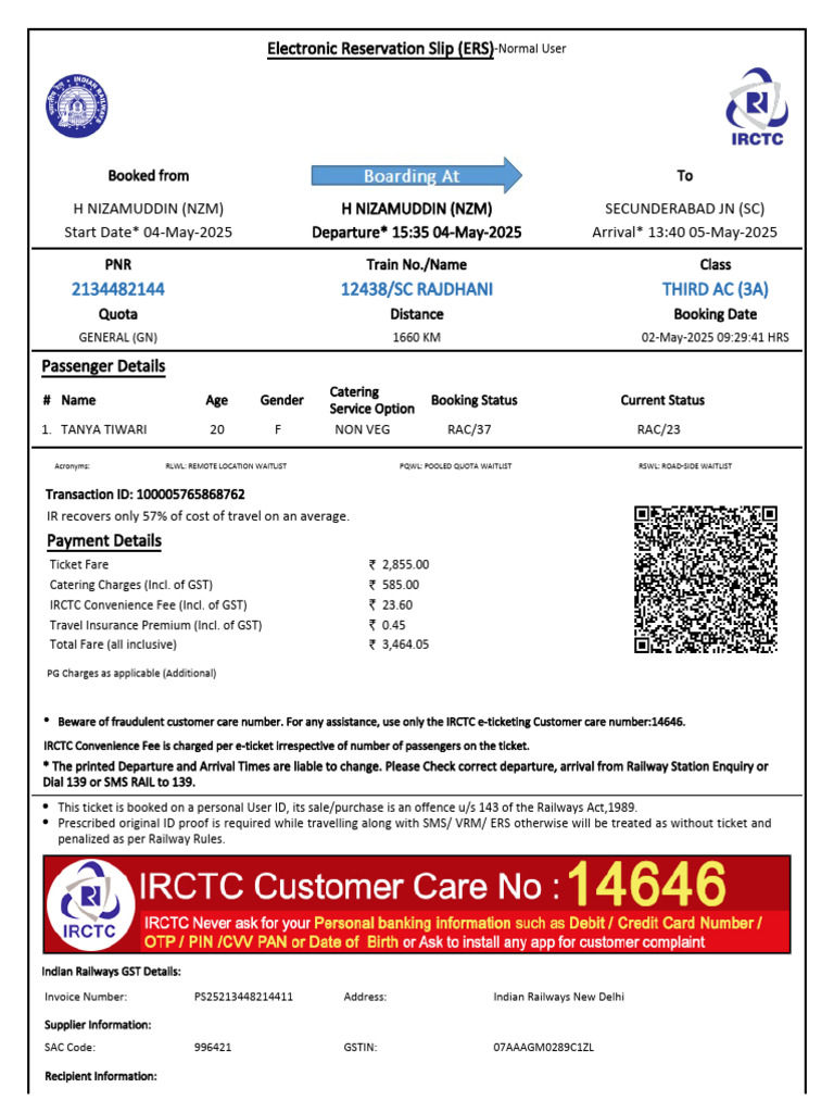 SC Rajdhani 12438 ERS Confirmation | PDF | Identity Document | Payments