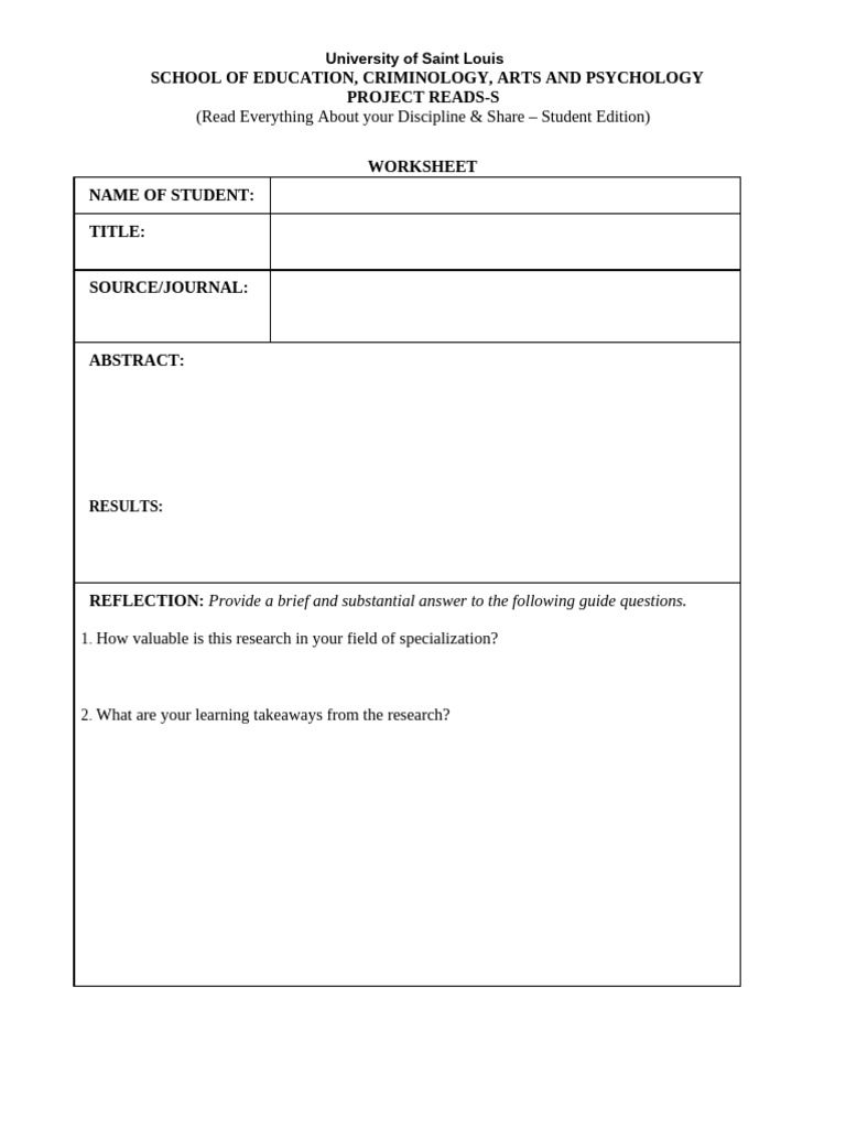 Project READS-S Worksheet Template | PDF