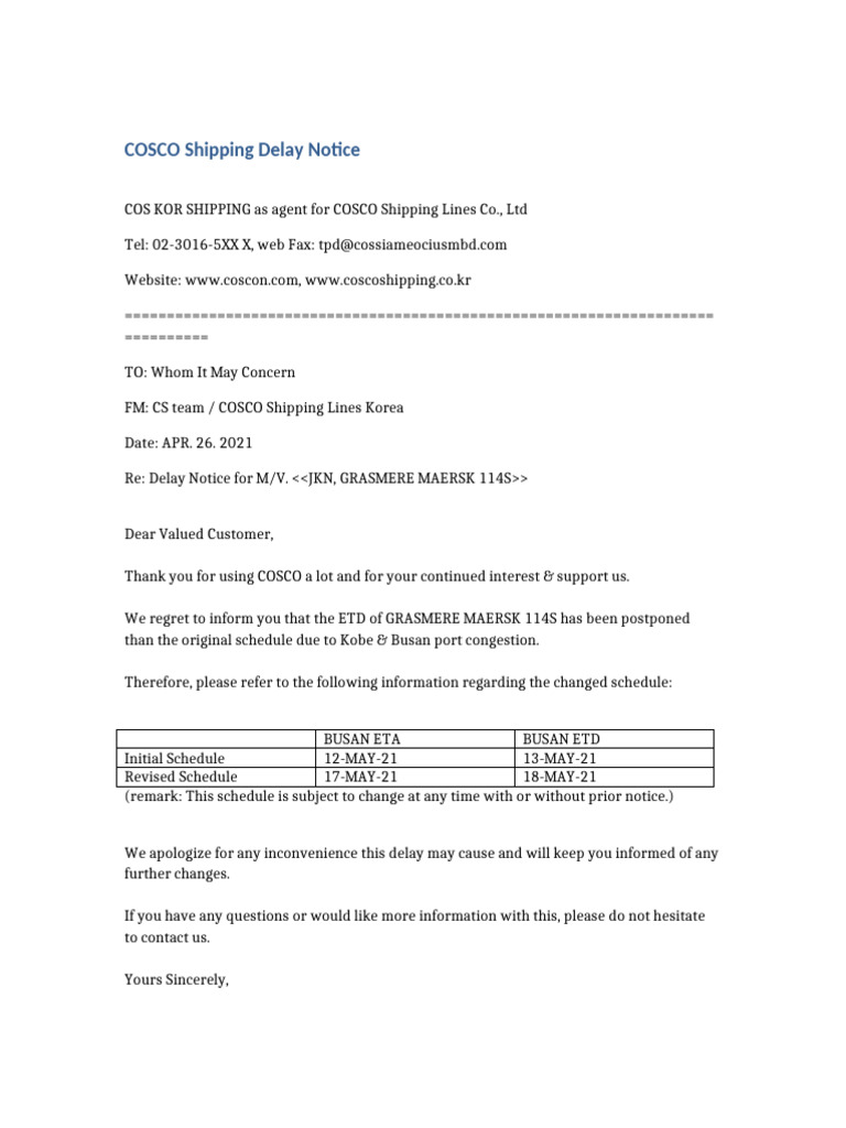 COSCO Shipping Delay Notice Update | PDF