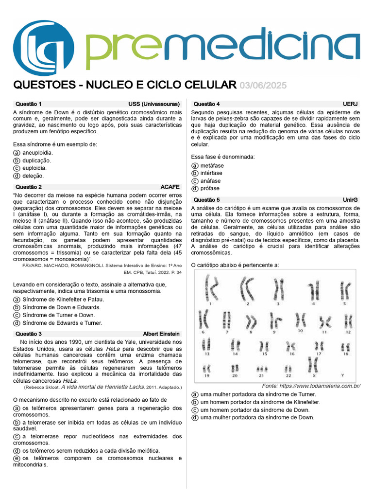 Questões sobre Nucleação e Ciclo Celular | PDF | Meiose | Mitose