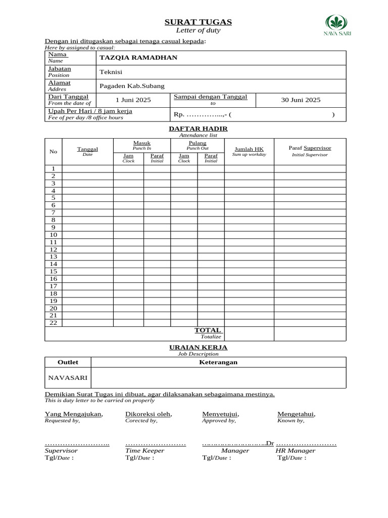 Nav Form Surat Tugas Tazqia | PDF