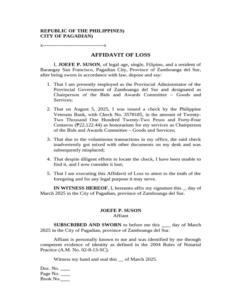 Affidavit of Loss for Check in Pagadian | PDF