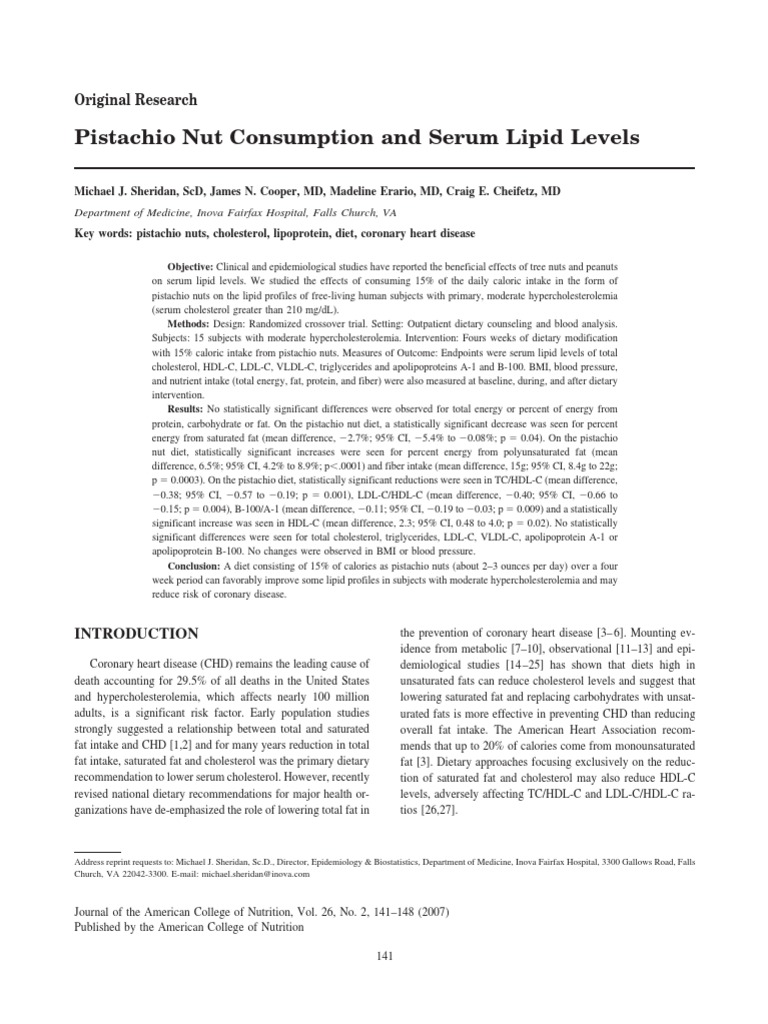 Pistachio Nut Consumption and Serum Lipid Levels Original Research