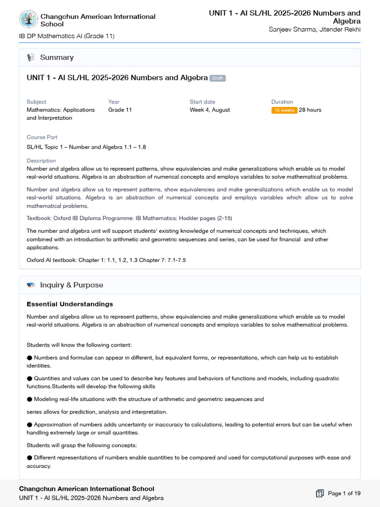 AI SL/HL 2025: Numbers and Algebra Overview | PDF | Matrix
