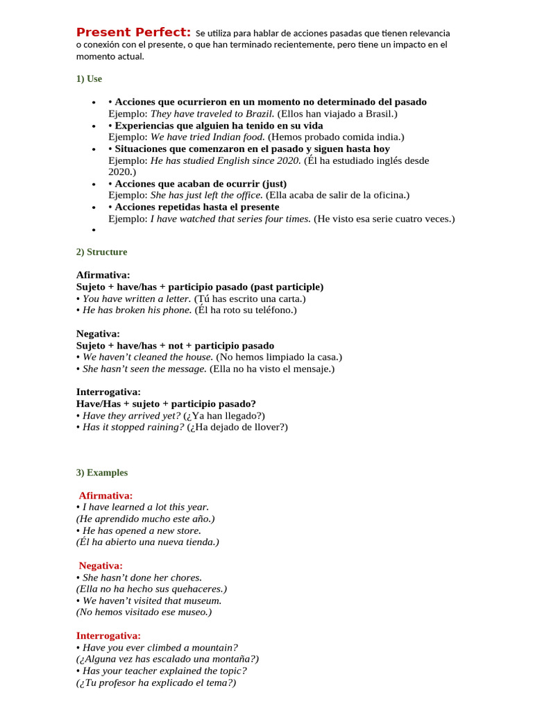 Uso y Estructura del Present Perfect | PDF