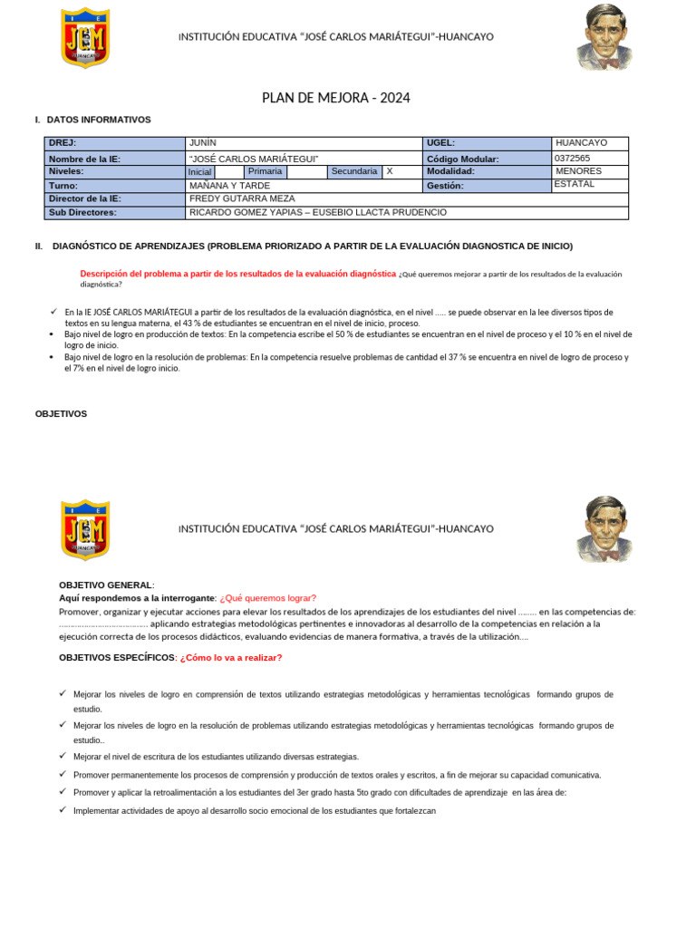 Plan de Mejora Educativa 2024 Huancayo | PDF | Aprendizaje | Cognición