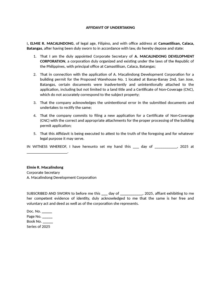 Affidavit of Undertaking | PDF
