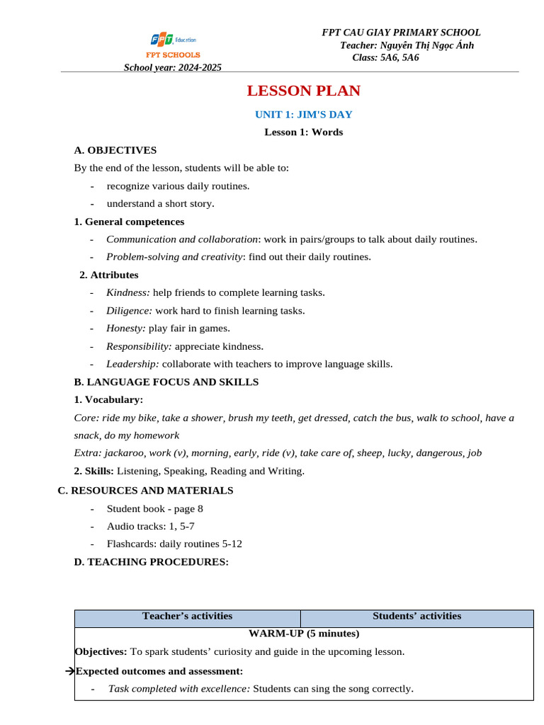 Lesson Plan: Daily Routines for Kids | PDF | Reading Comprehension ...