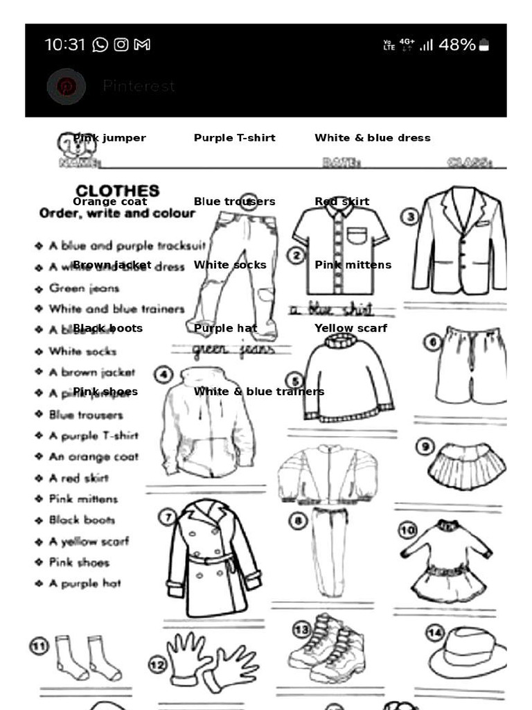 Labeled Coloured Clothes Worksheet | PDF