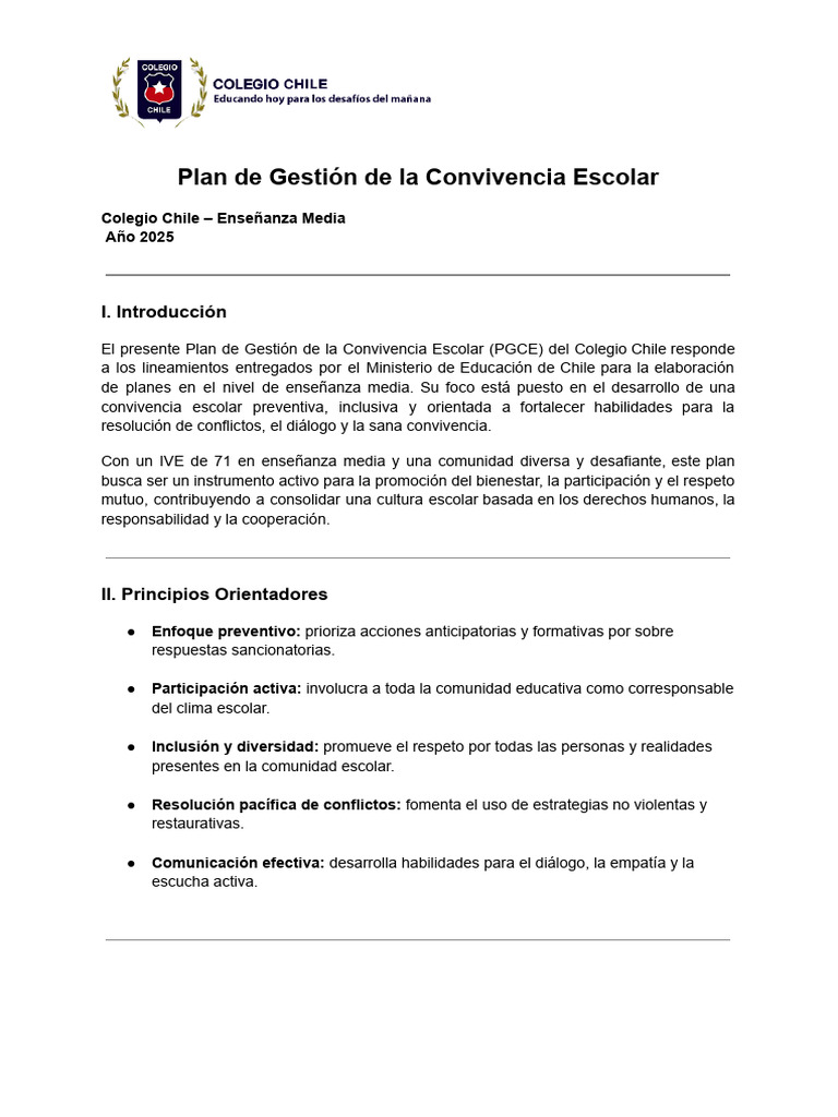 Plan de Convivencia Escolar 2025 en Chile | PDF | Enseñando